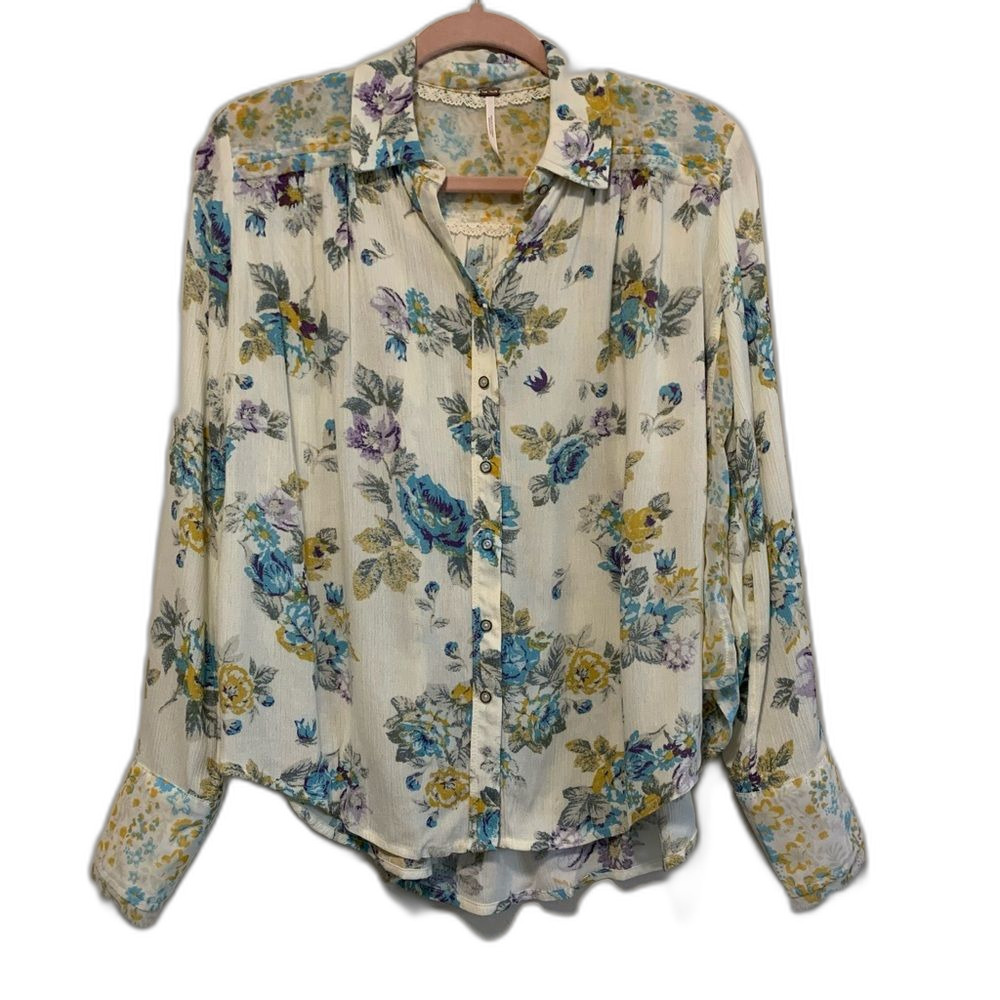 Free People Hold On To Me Cream Blue Floral Long Sleeve Button Down Blouse xs